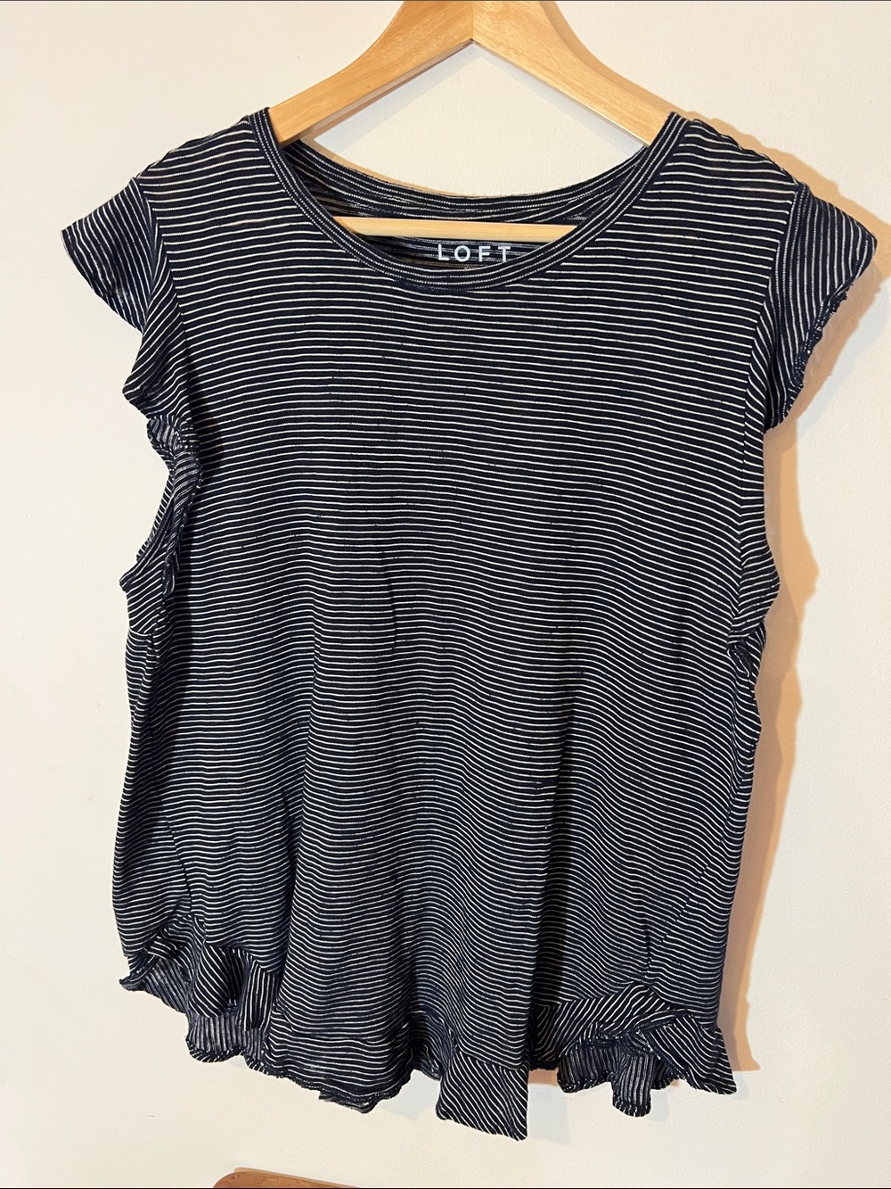 LOFT Navy & White Striped Ruffle-Hem Short Sleeve Tee